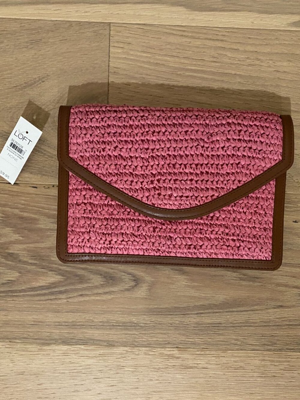 Loft Pink Raffia Clutch w Brown Trim Detail NWT